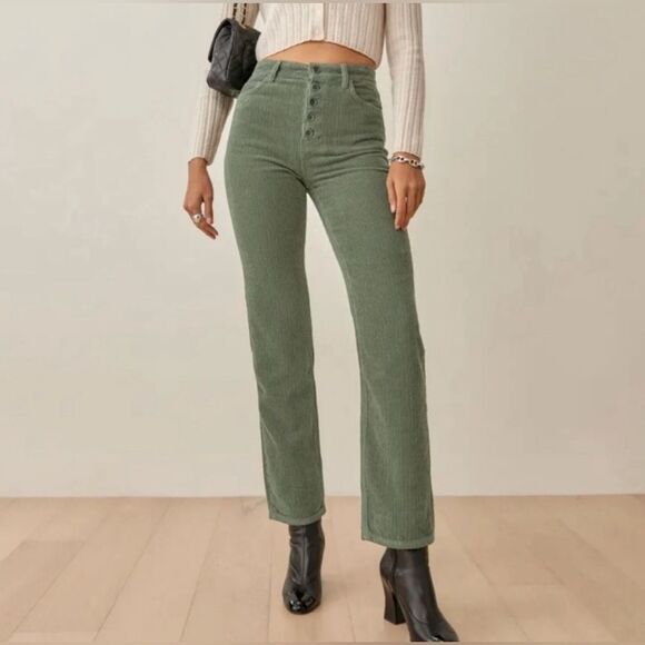 Reformation Cynthia button fly 100% organic cotton green baggy corduroy pant. 30 - Picture 1 of 10